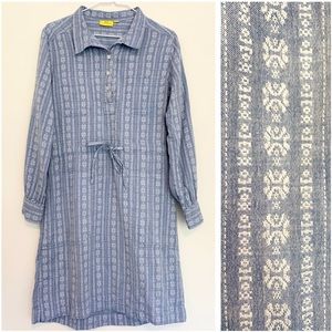 Roller Rabbit 100% Cotton Blue Chambray Embroidered Popover Shirt Dress